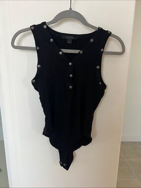 AllSaints Black Ribbed Snap-Detail Tank Bodysuit